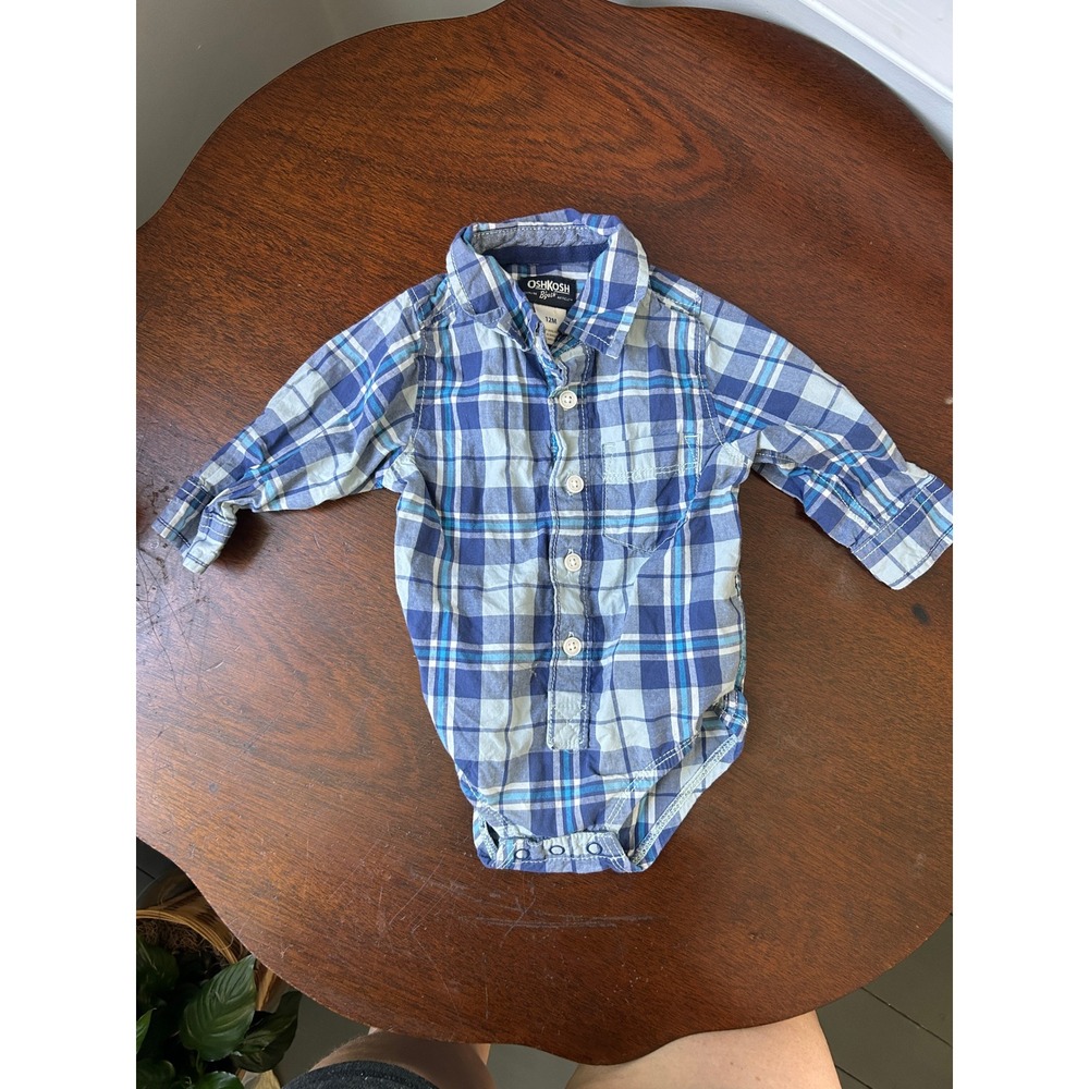 OshKosh Bgosh Baby Boys Blue Plaid Long Sleeve Button Down Bodysuit 12M
